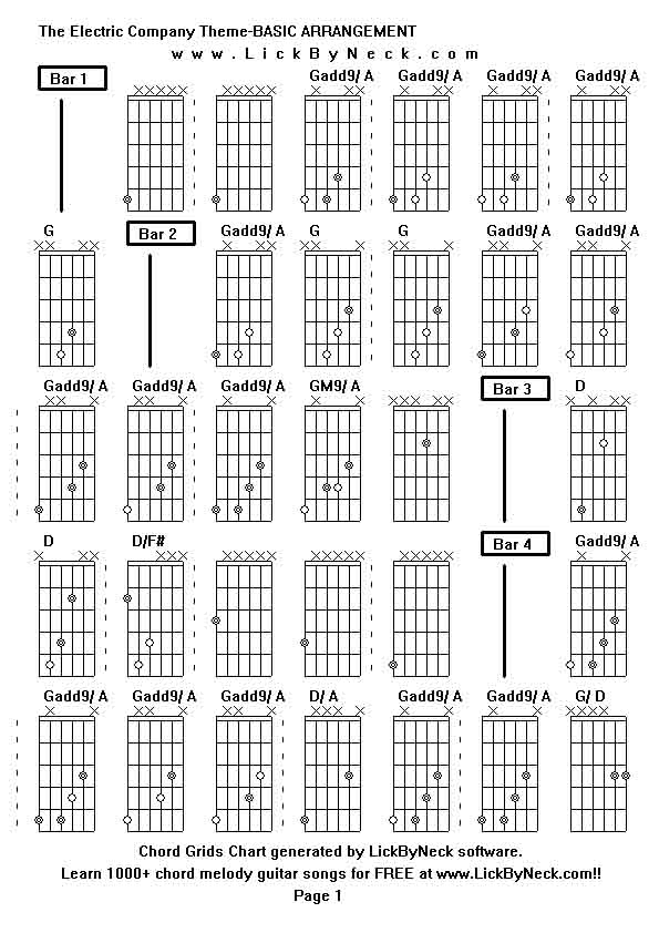 Chord Grids Chart of chord melody fingerstyle guitar song-The Electric Company Theme-BASIC ARRANGEMENT,generated by LickByNeck software.